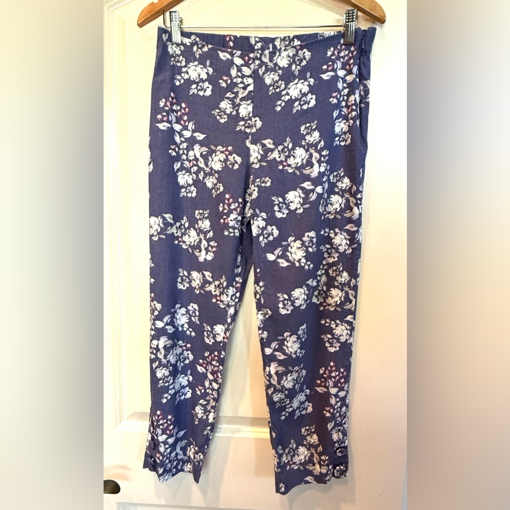 J. Jill Linen Stretch sz S Pants -Purple and Cream decor buttons at cuff.